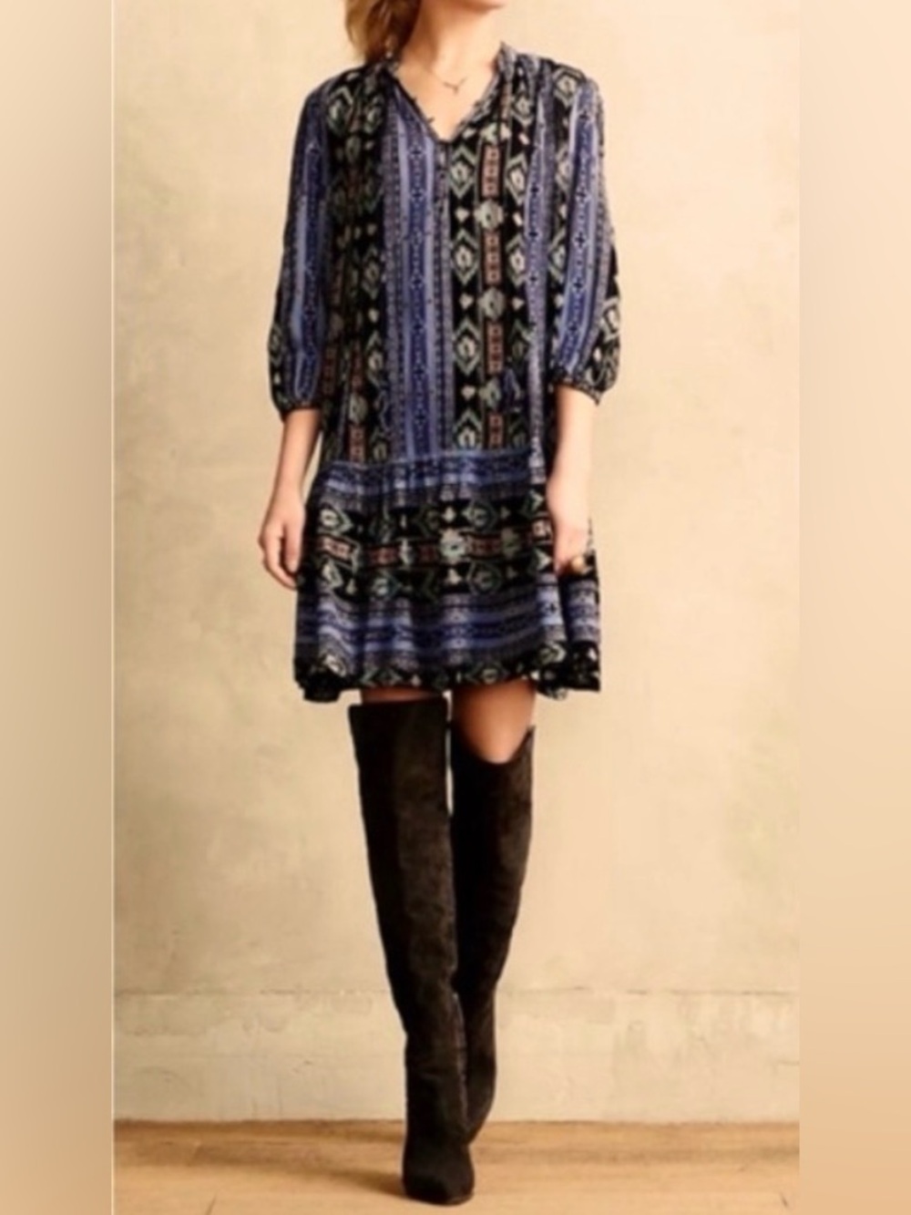 Anthropologie HOLDING HORSES Black Dress w/Blue & Pink Aztec Print, size Large